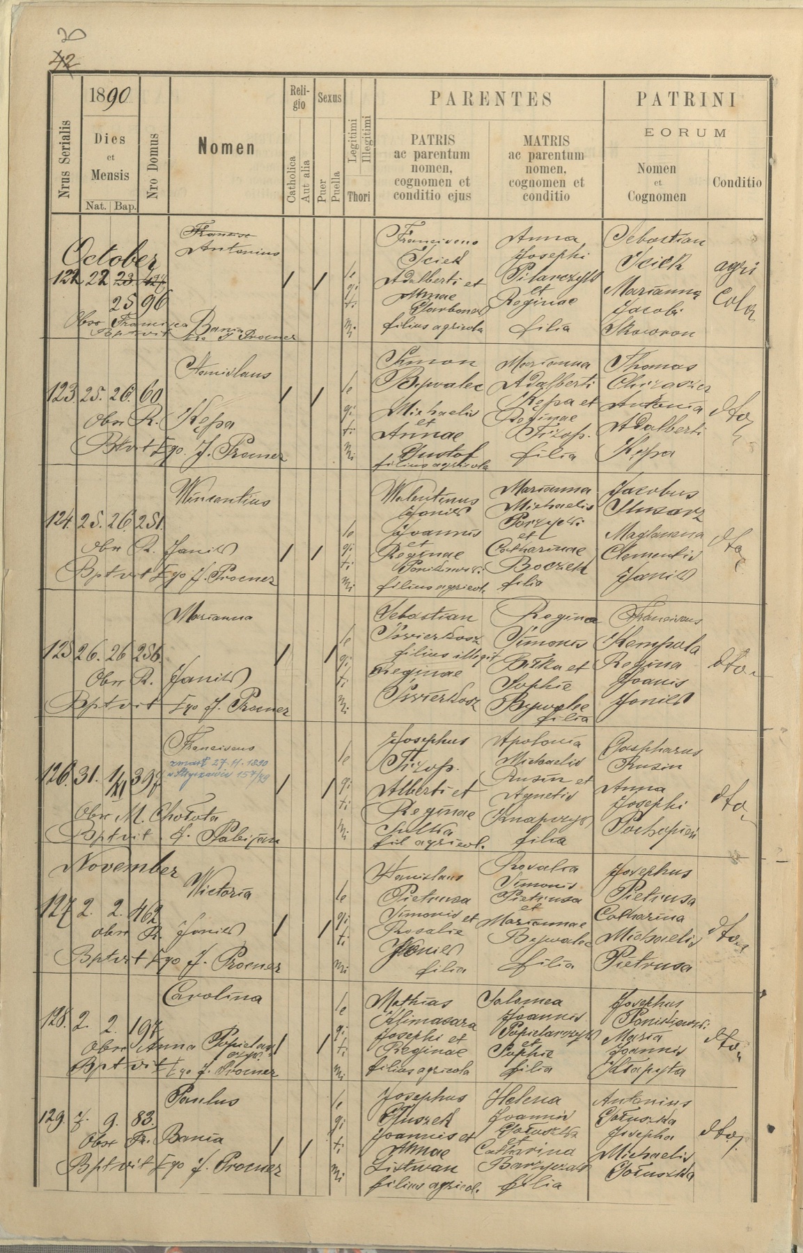 Full page from an 1890 Polish church birth register containing Paul’s handwritten entry