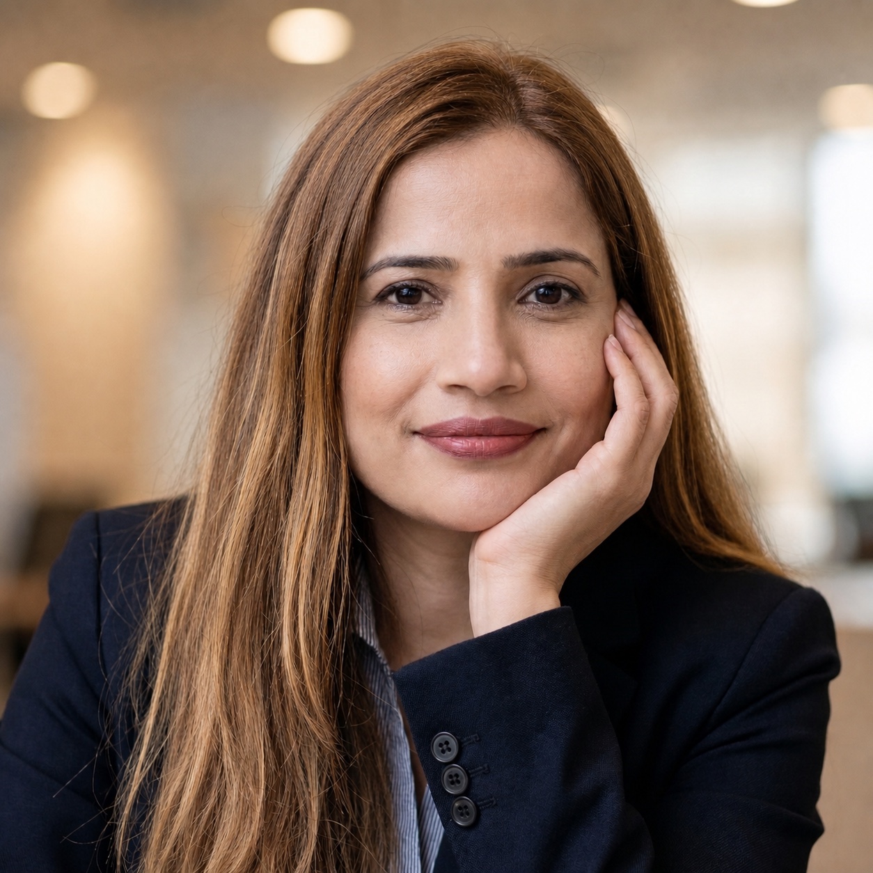 Sora Braeger smiling in a navy blazer