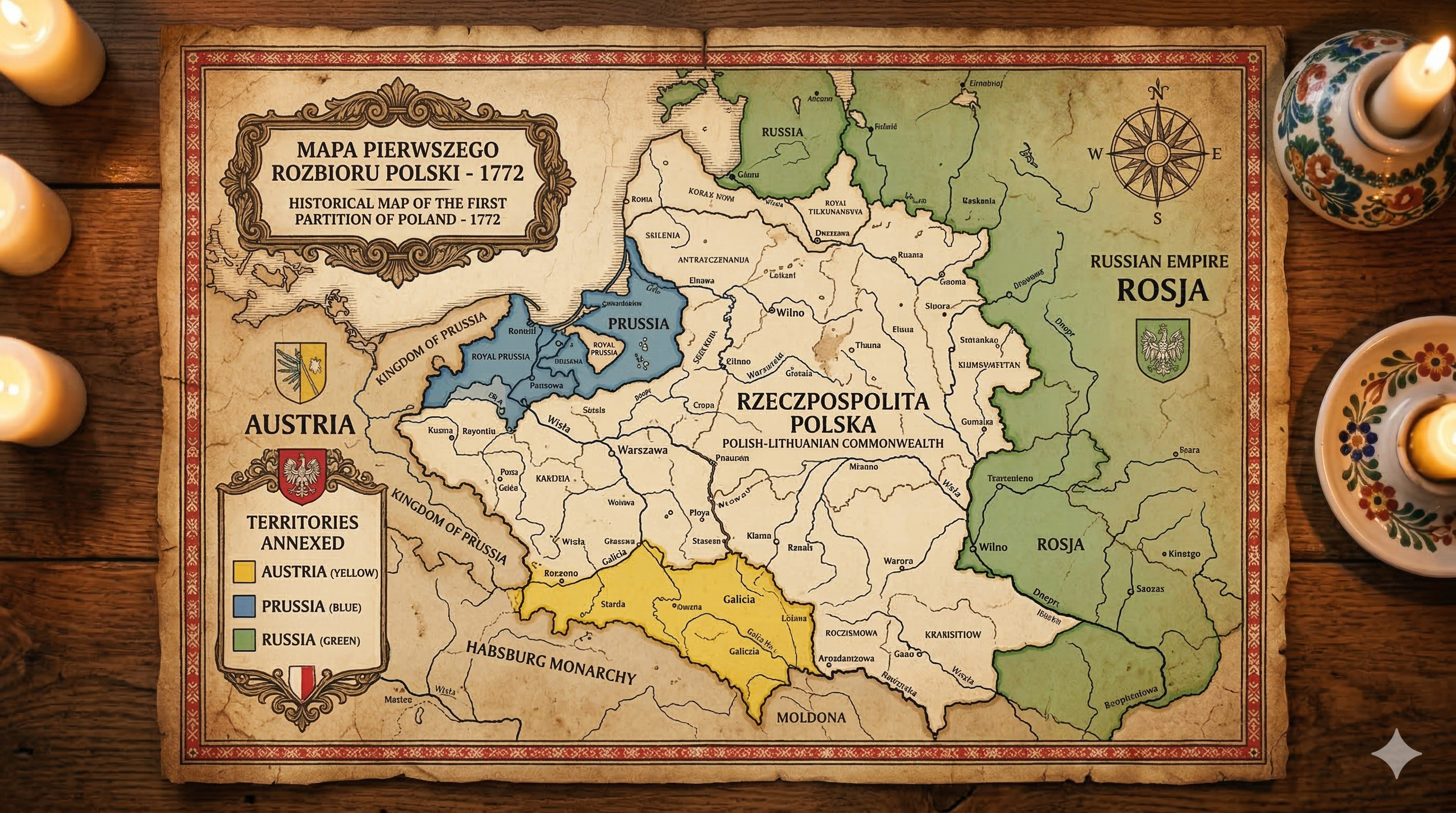 Historical map of the first partition of Poland in 1772