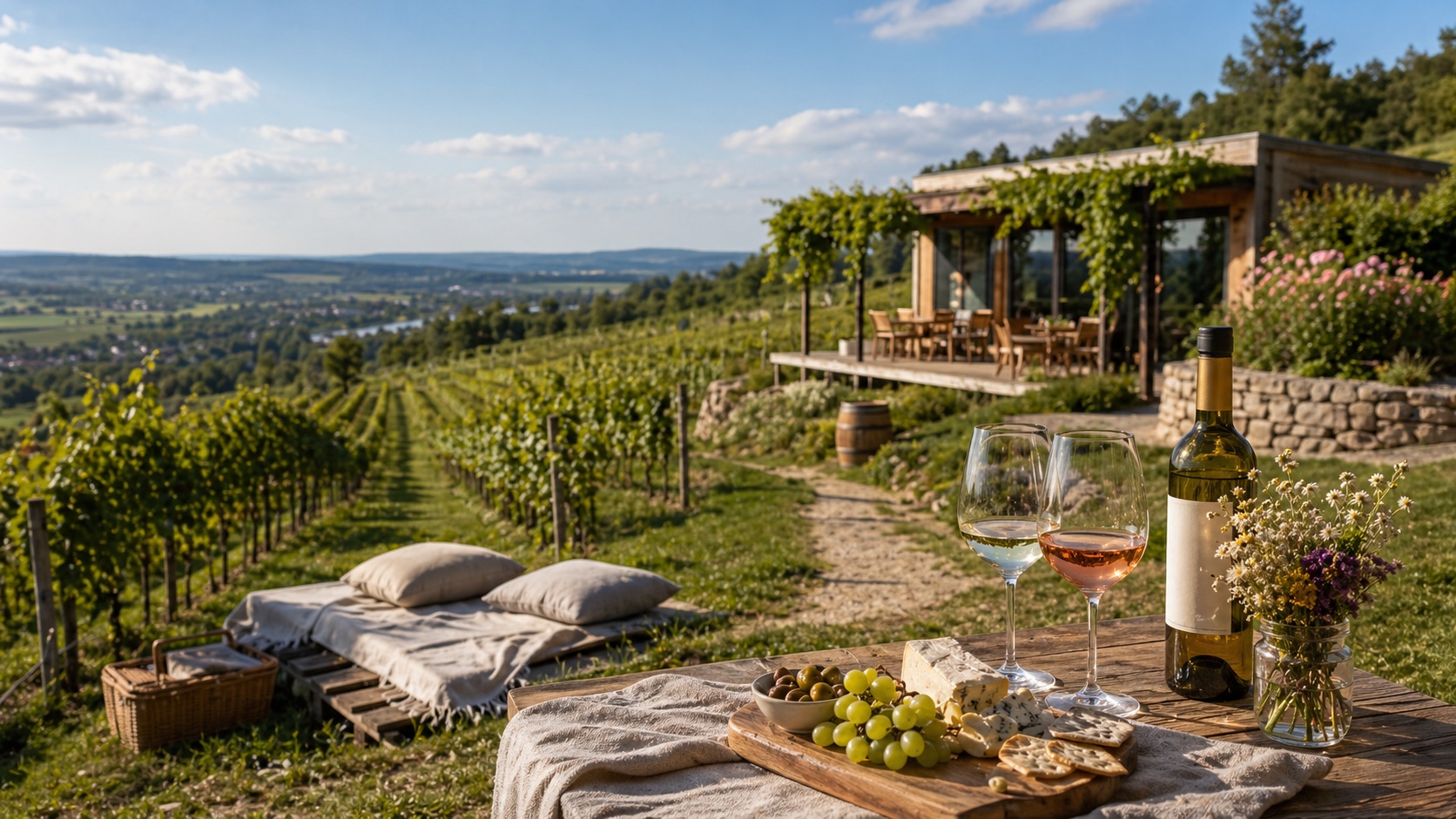 Winnica Golesz vineyard hillside and tasting setting near Jasło in Podkarpackie