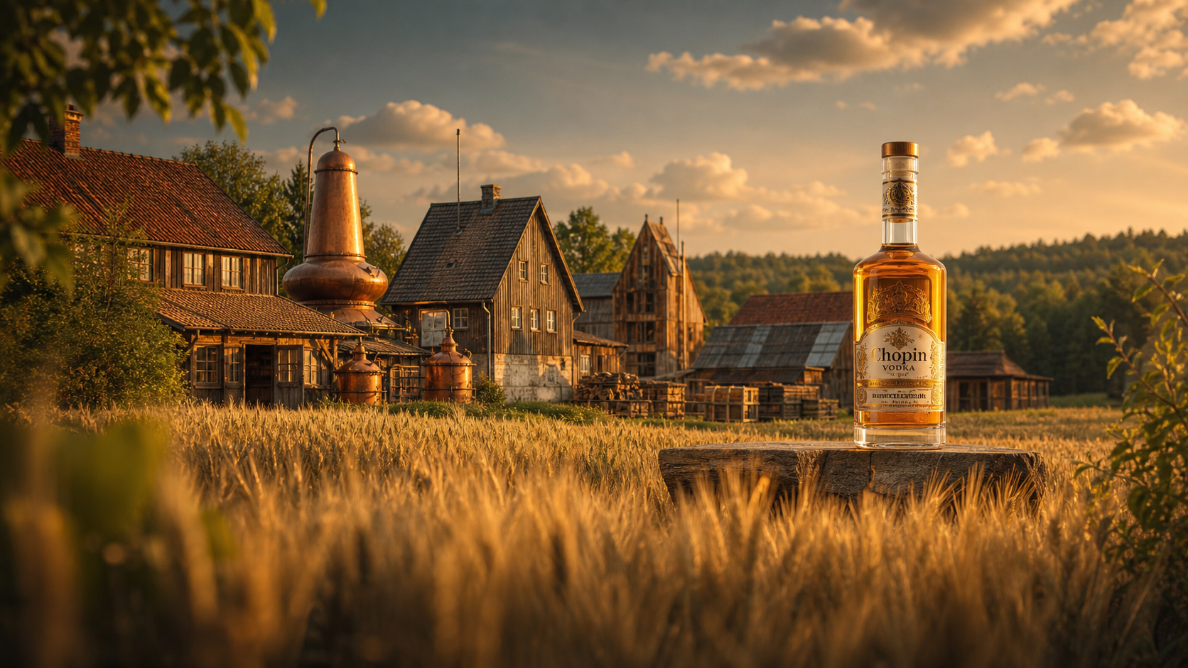 Chopin Vodka distillery in rural central Poland with historic stills and countryside setting