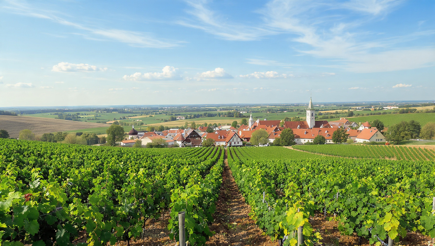 Vineyard overlooking a historic town used to illustrate Trzebnicki Festiwal Wina